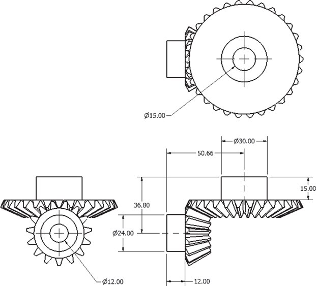 The dimensioned drawings of the bevel gears in different views is illustrated.
