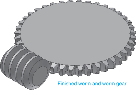 The finished gear arrangement of worm and worm gear is shown. The gears have sliding contact with each other.