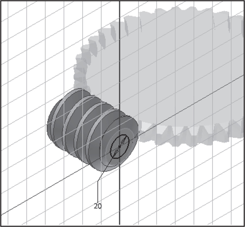 Figure of a worm gear is shown on a work plane. On the worm, a circle of diameter 20 units is shown.