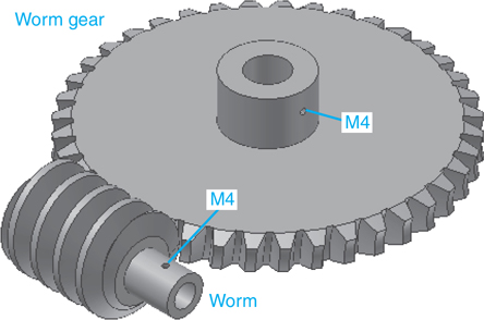 A figure shows two holes labeled "M4" that are drilled on the top edge of the worm gear and worm. The gears have sliding contact with each other.