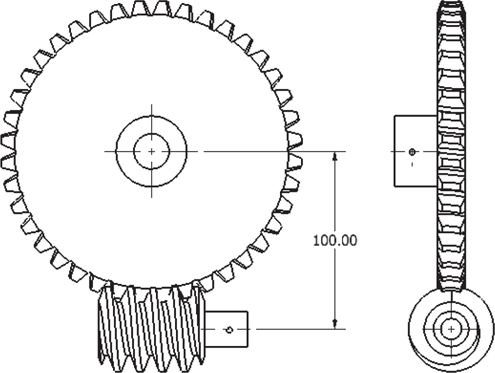A figure shows a worm gear and a worm separately. The center of the worm is at a distance of 100 units from the center of the gear.