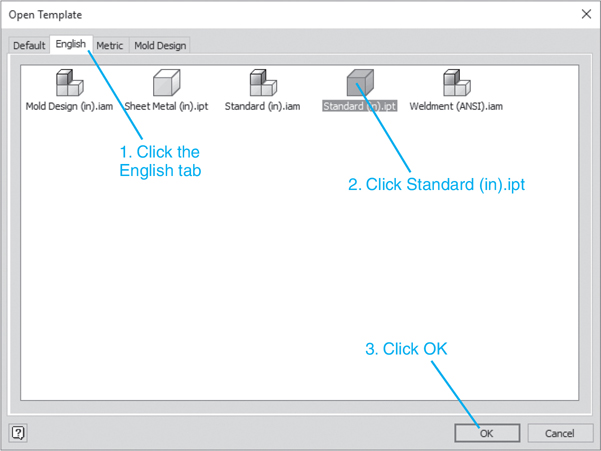 A screenshot depicts the "Open Template" dialog box of the AutoCAD tool. It contains 5 tabs, wherein the "English" tab is selected. The "Standard (in).ipt" icon in the content pane is selected. After these selections, the Ok button at the bottom of the window is selected.