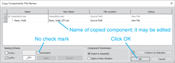 A screenshot depicts the copy components: file names dialog box.