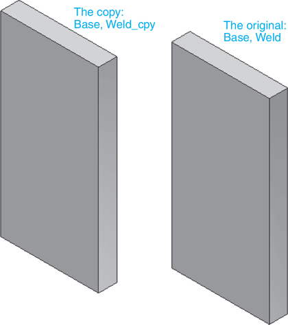 The figure shows the isometric view of two vertically positioned rectangular objects. The first shape is labeled as "The copy: Base, Weld_cpy" and the other one as "The original: Base, Weld."