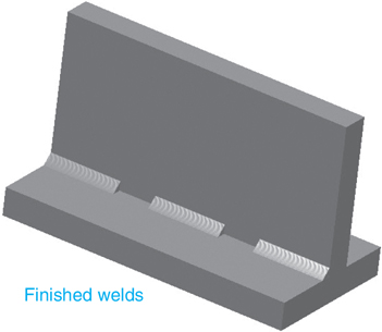 A graphical depiction of a finished weld is shown. The object is made by affixing a vertically positioned rectangle over a horizontally positioned rectangle such that it lies in the middle of it.