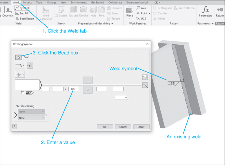 A screenshot depicts the process of adding a welding symbol to a drawing in AutoCAD.