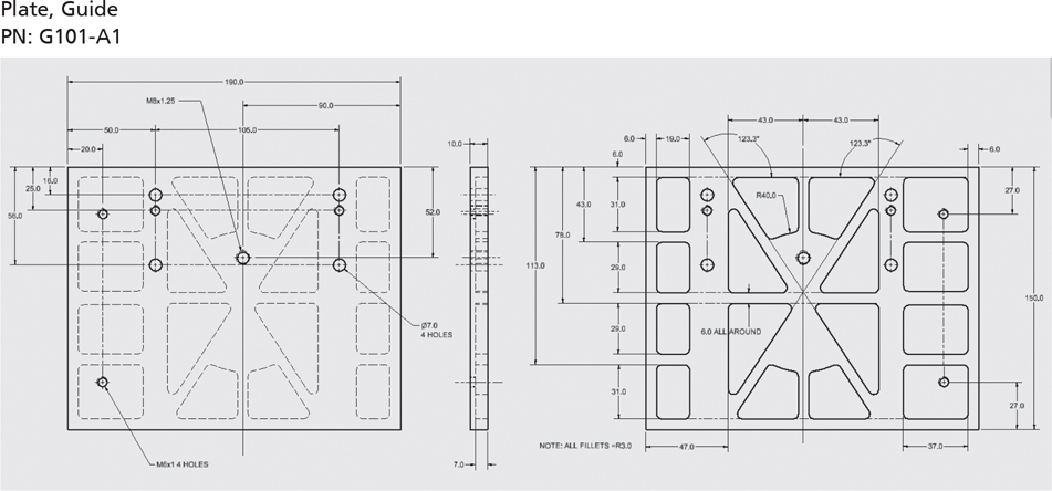 A diagrammatic representation of the guide plate presents the dimensions of the same.