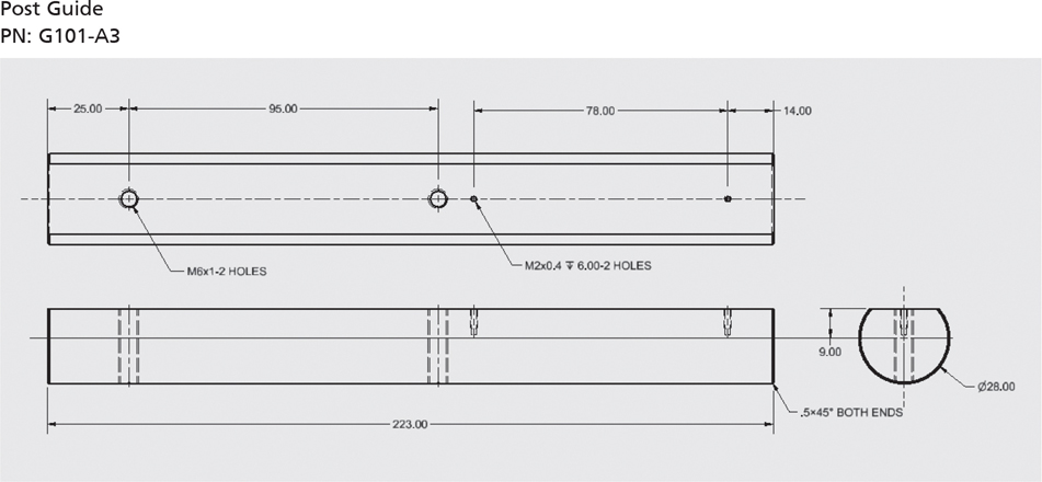 A diagrammatic illustration of the part, post guide, PN: G101-A3.