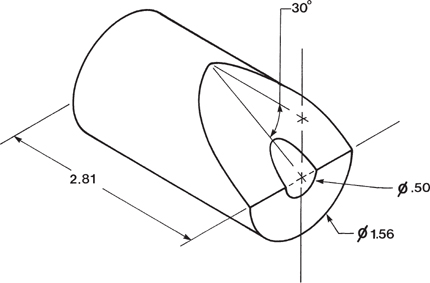 The model shows a cylinder of the length of 2.81 and diameter 1.56. The top half of the cylinder is truncated at an angle of 30 degrees and it has a circular hole of diameter 0.50.