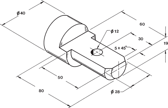 The isometric view of an object formed by a solid cylinder is shown.