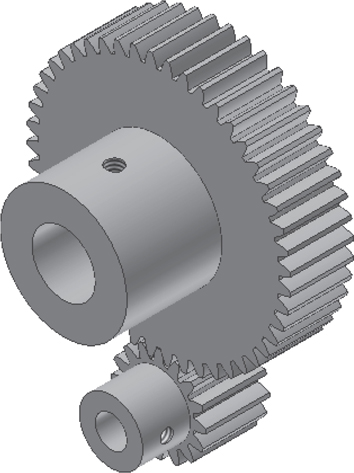 A figure shows the isometric view of two spur gears. The gears have straight teeth and are mounted on parallel shafts.