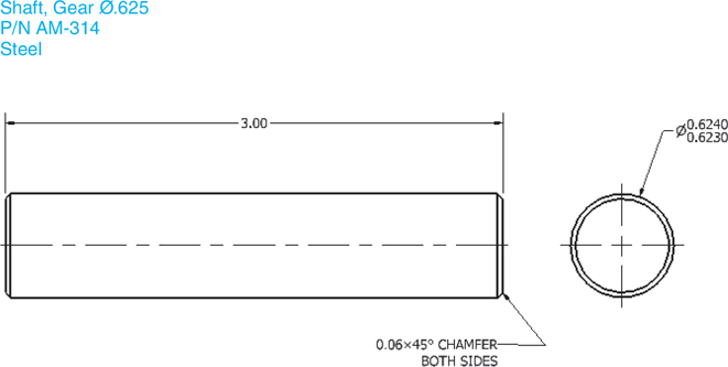 The diagram shows a shaft gear of the length of 3.00 units having a diameter of 0.625 units. The dimension of the chamfer on both ends of the shaft is 0.06 times 45 degrees. In the side view, the diameter of the shaft gear varies between 0.6230 and 0.6240. The shaft gear is made up of steel. The model number is labeled P/N AM-314.