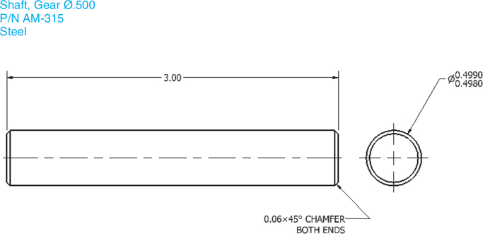 The diagram shows a shaft gear of the length of 3.00 units having a diameter of 0.625 units. The dimension of the chamfer on both ends of the shaft is 0.06 times 45 degrees. In the side view, the diameter of the shaft gear varies between 0.4980 and 0.4990. The shaft gear is made up of steel. The model number is labeled P/N AM-3145.