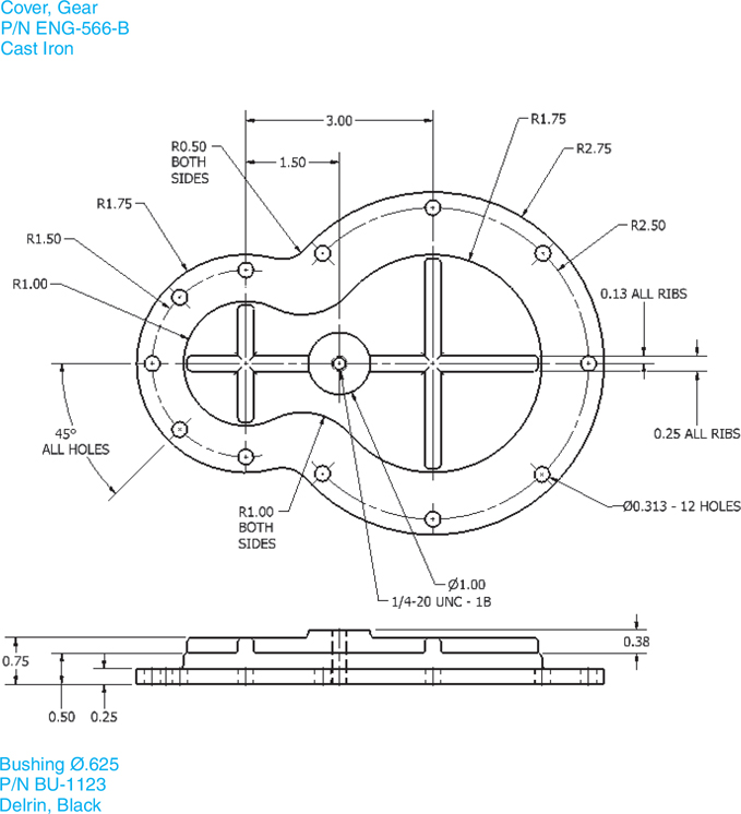 Dimensioned drawings of each part of a gear assembly are shown.