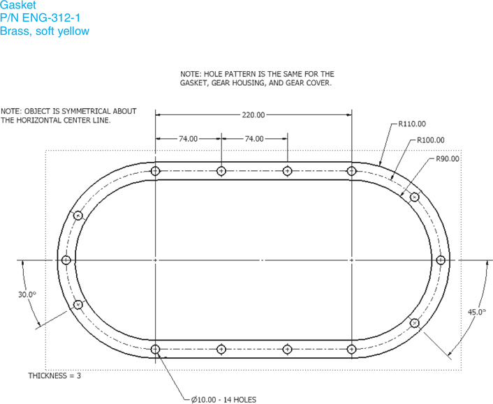 The dimensioned drawing of a gasket is shown.