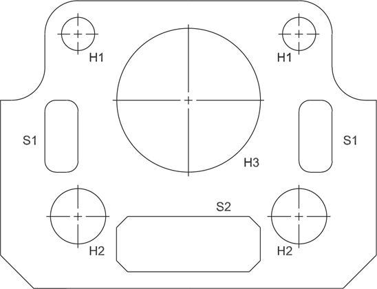 An outline of an object with circular holes and rectangular slots is shown.