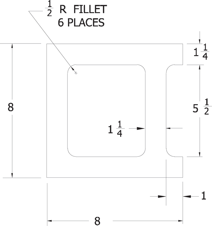 An outline of a half block is shown with dimensions.