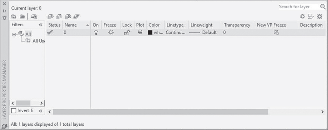 A screenshot of 'layer properties manager palette' is shown. It displays several icons on the top. Below the icons, several options such as filters, status, name, on, freeze, lock, plot, color, linetype, and description are displayed.