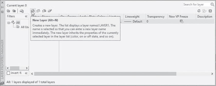 A screenshot of 'layer properties manager palette' is shown, in which 'new layer' icon is selected. An identifying box below the icon provides description for the 'new layer' icon.