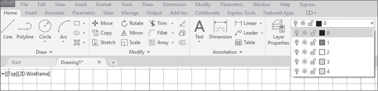 A screenshot of the drawing window with the layer list box selected is shown. This displays the 'layer drop down list' that displays the available layers from 0 to 4 in order, in which layer 0 is selected.