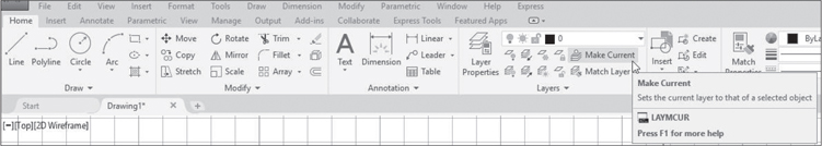 A screenshot of the drawing window is shown. The 'Make Current' tool is selected from the layers panel. An identifying box below the tool provides description about the tool.