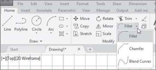 A screenshot of the drawing window is shown, in which the arrow on the right of 'fillet' tool is selected. A drop down list appears with two options: chamfer and blend curves.