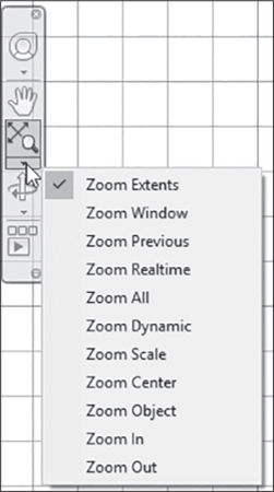 A screenshot of the 'navigation' bar is shown, in which the 'zoom' tool is selected. A drop down list displays the available zoom options such as zoom extents, zoom window, zoom previous, zoom in, and zoom out.