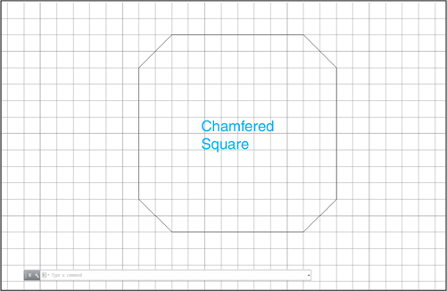 A square object with chamfered corners is shown on the drawing area. The words 'Chamfered Square' are added on the surface of the object.