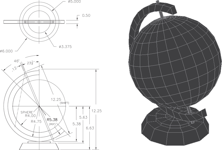 The 3D model and orthographic views of a globe are illustrated in a figure.