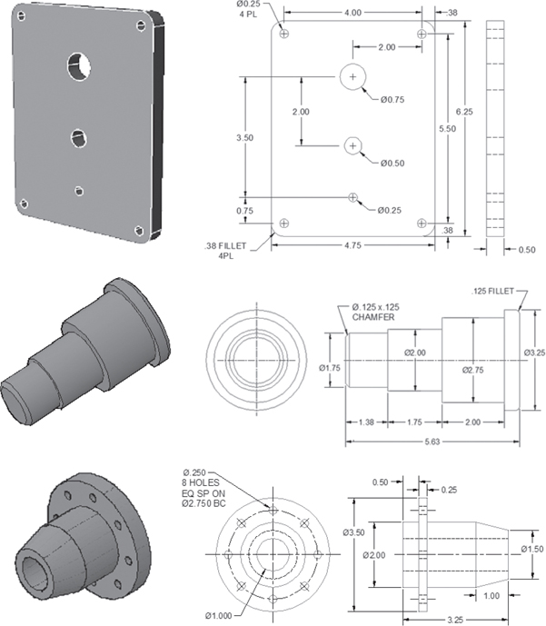 The isometric and orthographic views of flanged bushing, stepped shaft, and base plate are illustrated in a figure.