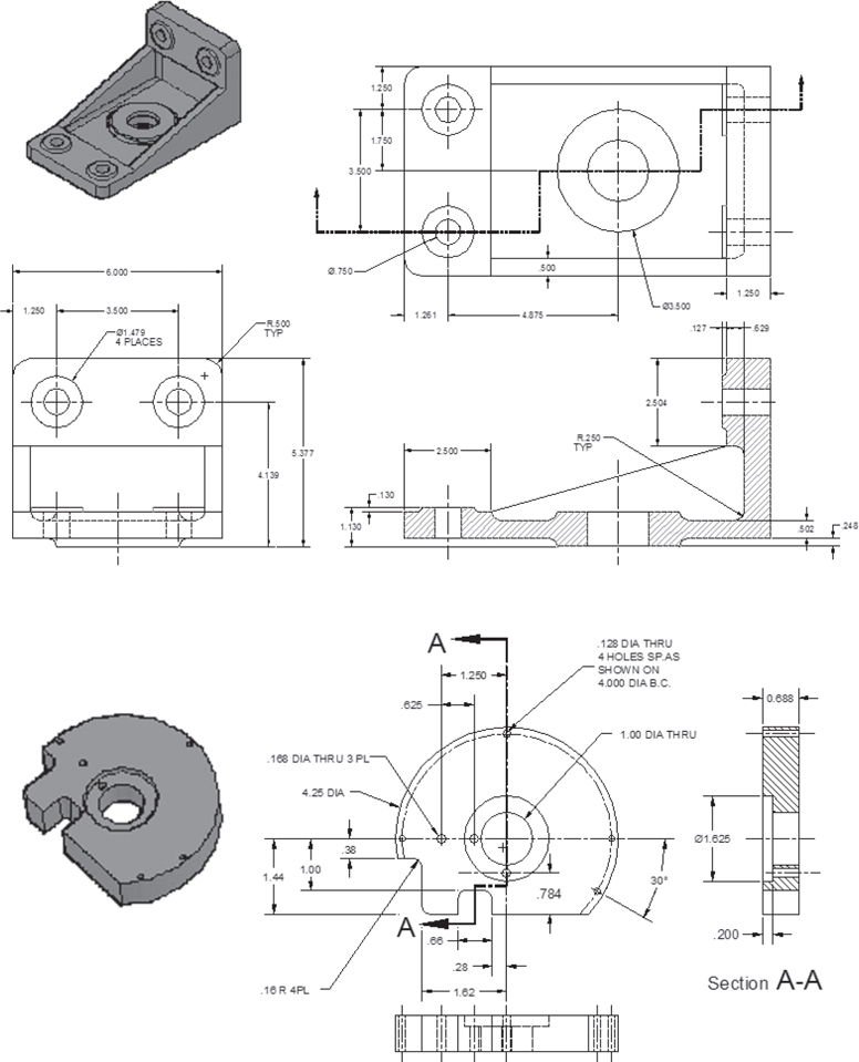 The isometric and orthographic views of an angle support and mirror mounting plate are illustrated.
