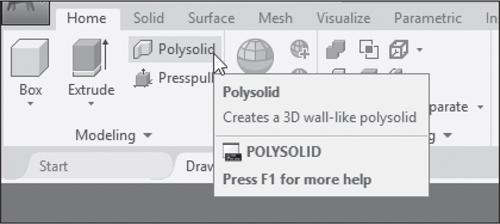A snapshot represents the polysolid tool in AutoCAD 2020. The cursor is moved over the polysolid tool in the modeling panel. A tooltip reads as follows: Polysolid, creates a 3D wall-like polysolid. Press F1 for more help.