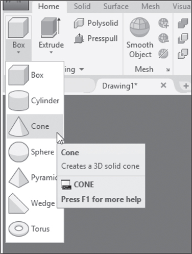 The placement of Cone tool in AutoCAD 2020 is illustrated in a snapshot.