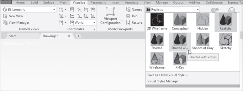 A screenshot lists various visual styles. In the screenshot of the drawing window, the Visualize tab is displayed. In the ribbon section, the realistic drop-down is displayed and the cursor points to the shaded with edges option.