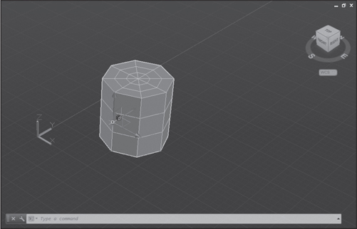 Screenshot of an AUTOCAD window displays a 3D mesh cylinder with gizmo aligns on the selected edges.