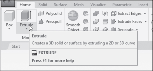 In the screenshot of the AutoCAD drawing window, the home tab is selected. The cursor is placed on the extrude option in the ribbons section and the pop-up tooltip reads, "Creates a 3D solid or surface by extruding a 2D or 3D curve."