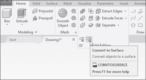 In the screenshot of the AutoCAD drawing window, the home tab is selected. The cursor is placed on the convert to surface icon and the pop-up tooltip reads, "Convert to the surface, convert objects to a surface."