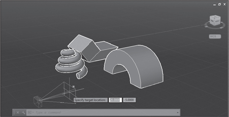 A screenshot of the AutoCAD window shows the extruded rectangle along with a semi-circular object. In the rectangular object, a swept helix is attached. The camera location is fixed and the text beside reads, "specify target location: 20.0000 -5.0000."