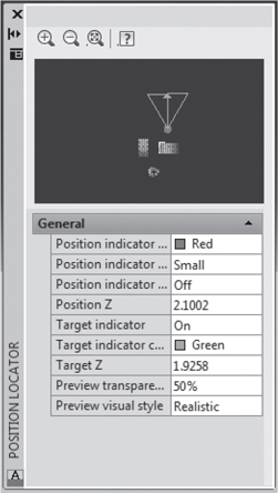 Screenshot of the position locator palette. The screen on the top displays an object and the general section displays various position information.
