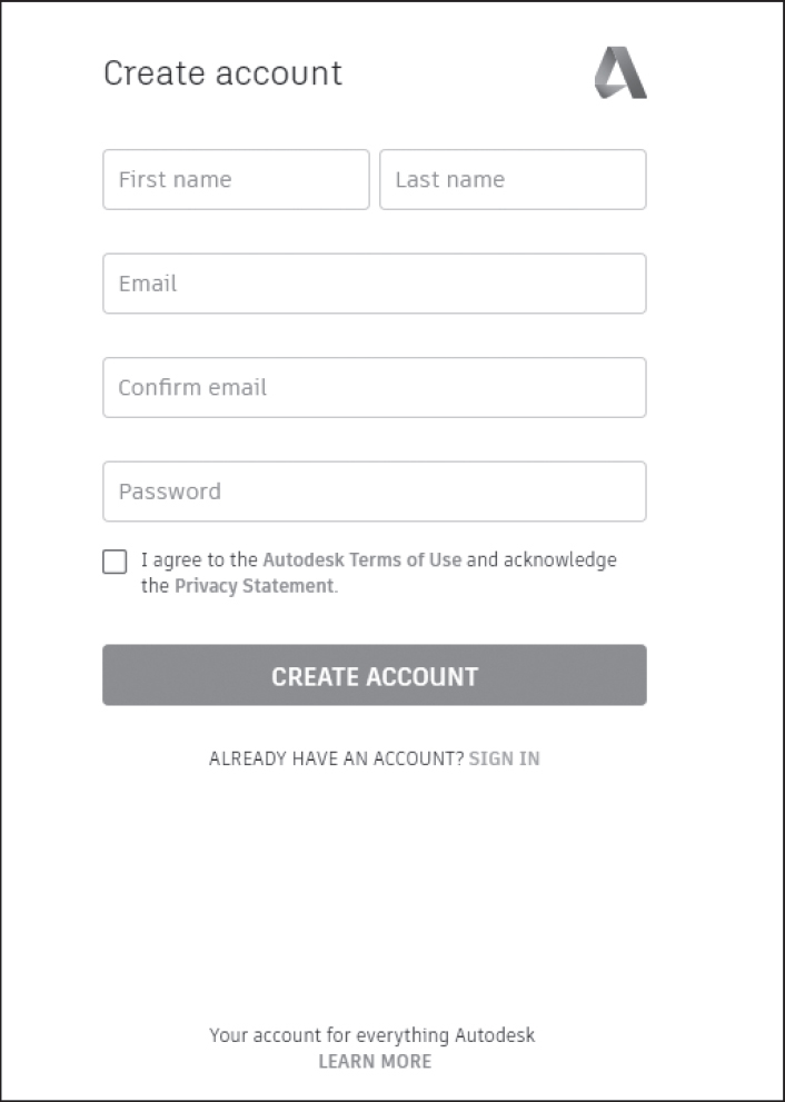 Screenshot of the Create Account dialog box is shown. It displays the following fields, first name, last name, email, confirm email, and password. The create account button is at the bottom.
