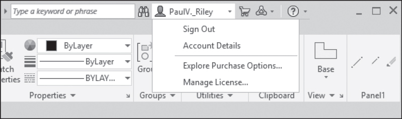 A screenshot shows the Autodesk sign-in options and they are, sign-out, account details, explore purchase options, and manage license.