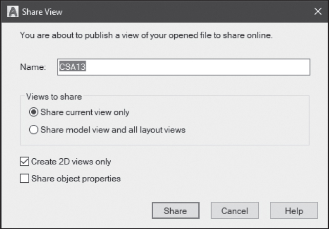 Screenshot of the share view dialog box is shown.