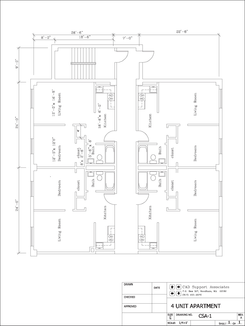 The floor plan of a four-unit apartment is shown.