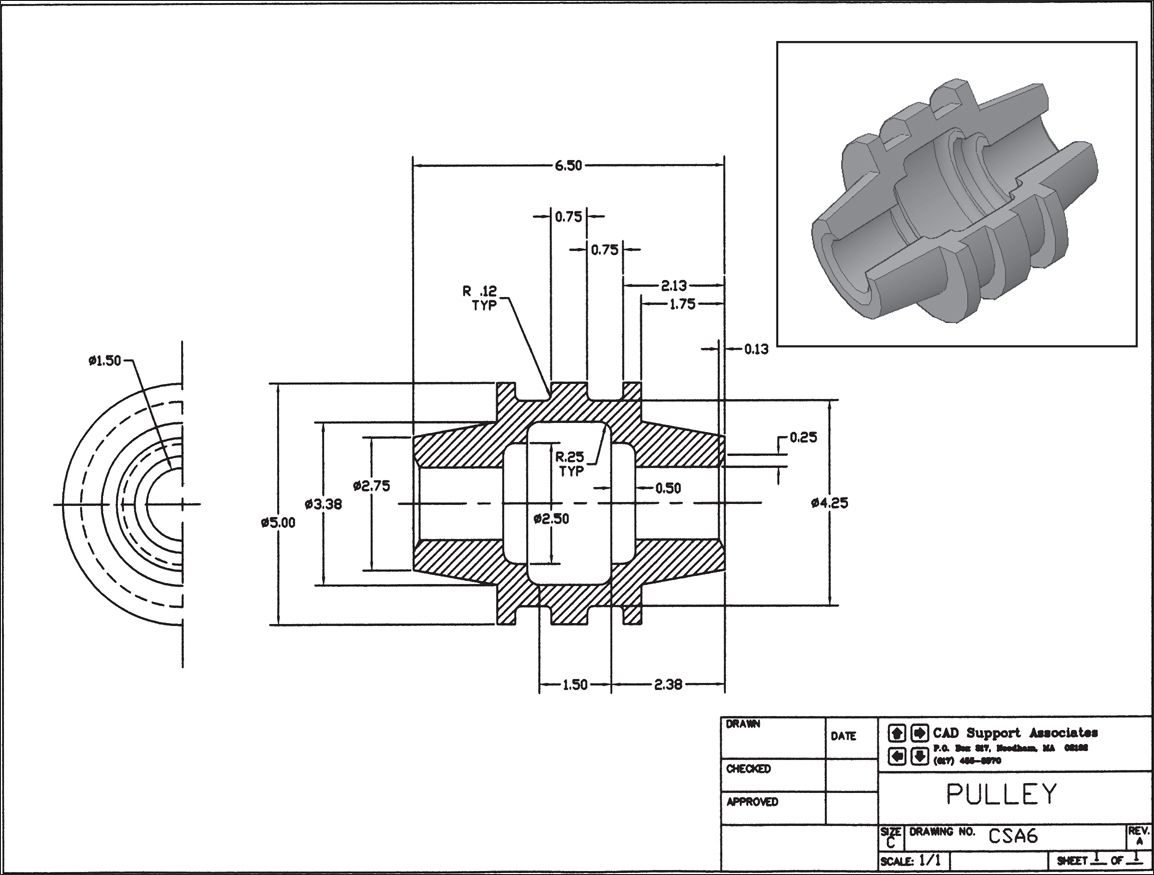 A figure provides two views to fully describe each part of the pulley with its dimensions. 
