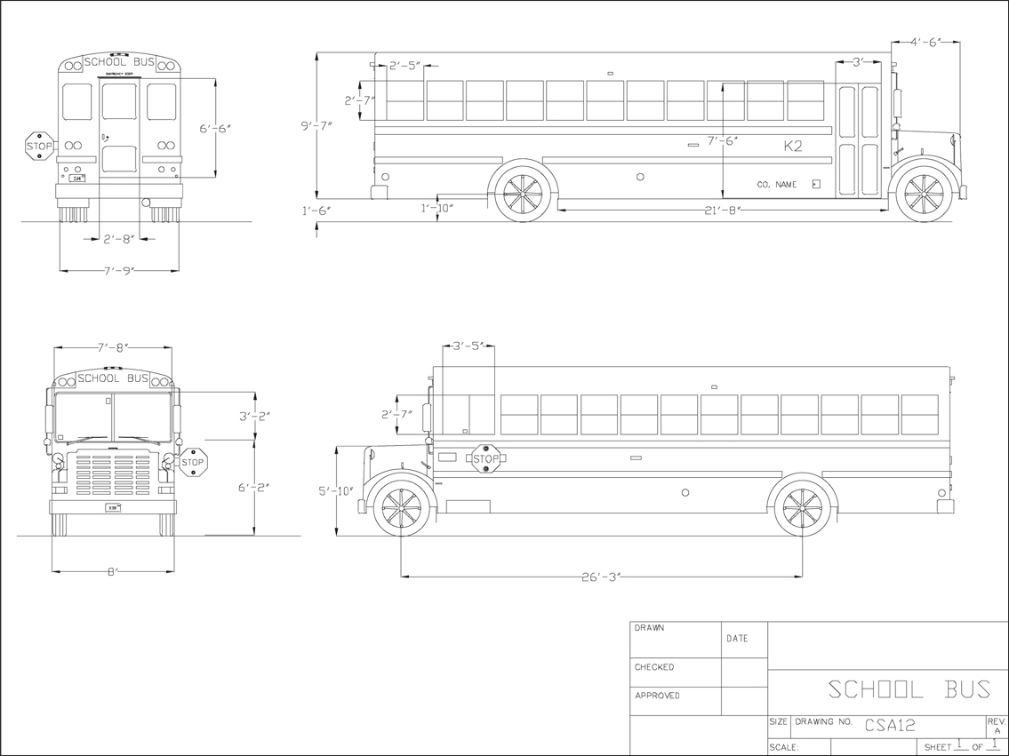 A figure displays the schematic view of the school bus with the typical dimensions. 