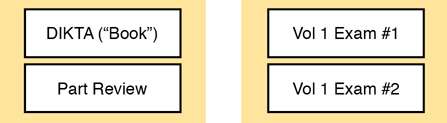 A figure shows two blocks. The first block contains DIKTA ("Book") and part review and the second block contains Vol 1 Exam number 1 and Vol 1 Exam number 2.