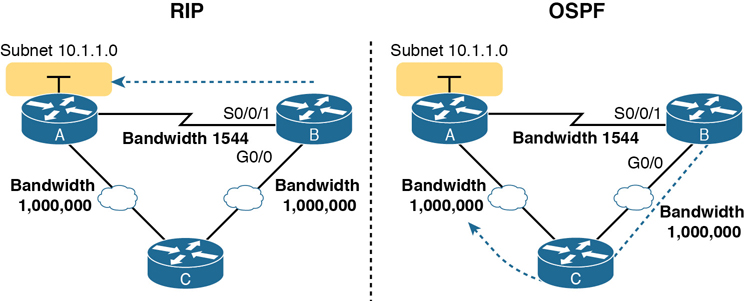 Routing Information Protocol (RIP) and Open Shortest Path First (OSPF) metrics are compared.