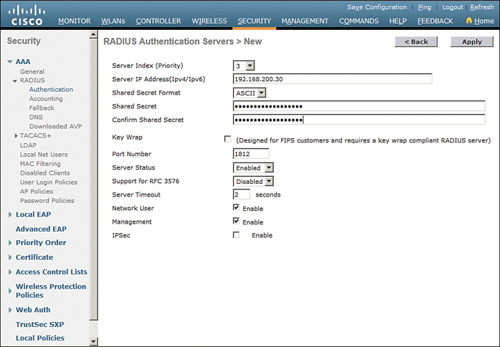 A screenshot of the Cisco window displays the configuration process of a new RADIUS server.