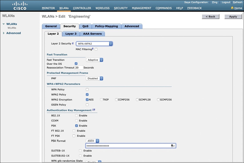 A screenshot of the Cisco window displays the configuration of the WLAN security.