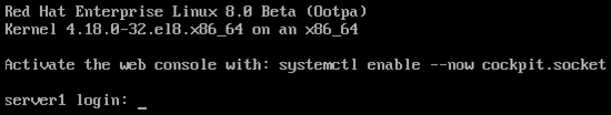 A screenshot shows the login prompt displayed in the text-based console of the Linux server. The console is ready to take input for "server1 login:"